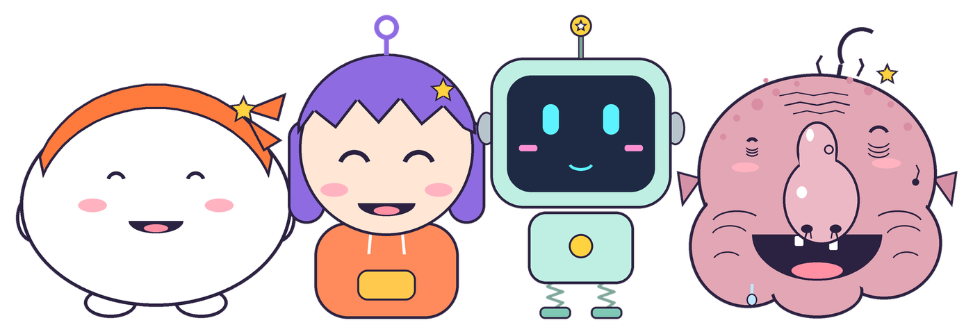 しゃしゃむややの4人。もちまる、ぷちゅりん、ピコ、ぶにょ